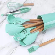 12-Piece Silicone Cooking Utensil Set with Wooden Handles | Heat Resistant Non-Stick Kitchen Tools