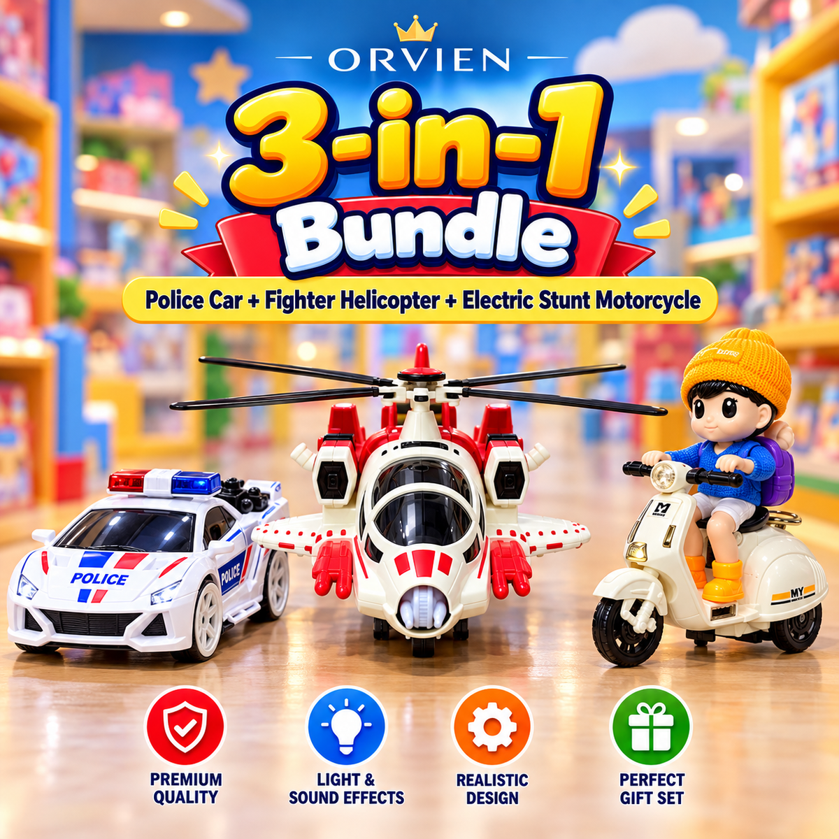 3-in-1 Action Toy Bundle – Police Stunt Car, Fighter Helicopter & Electric Stunt Motorcycle