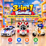 3-in-1 Action Toy Bundle – Police Stunt Car, Fighter Helicopter & Electric Stunt Motorcycle