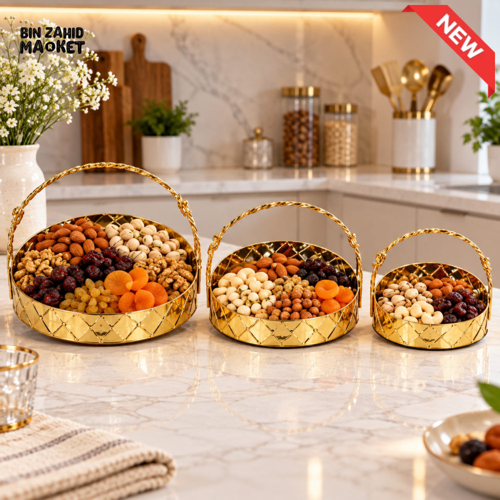 3 PIECE GOLDEN DRY FRUIT SERVING TRAY SET WITH HANDLES