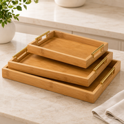 3-Piece Bamboo Serving Tray Set with Gold Handles