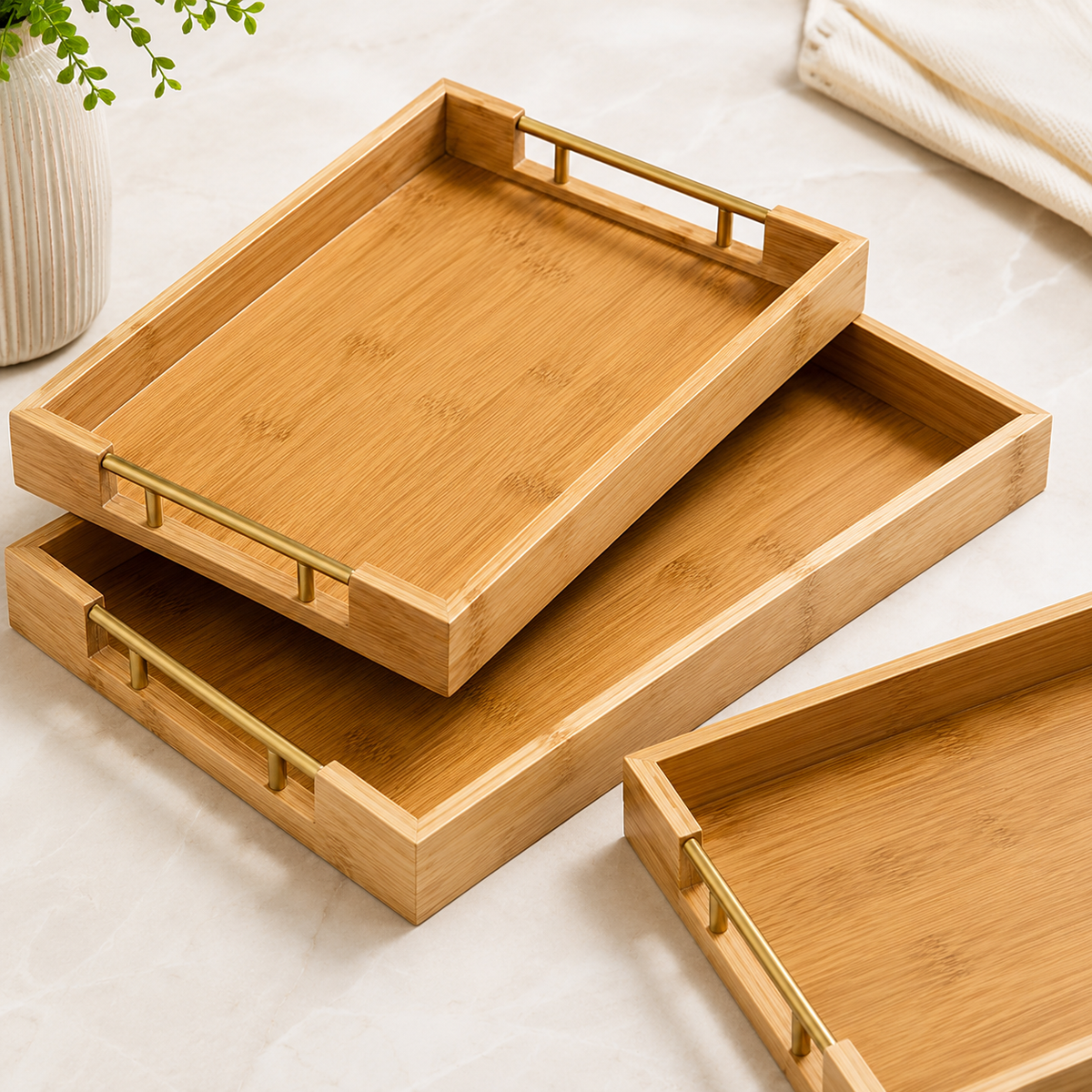 3-Piece Bamboo Serving Tray Set with Gold Handles
