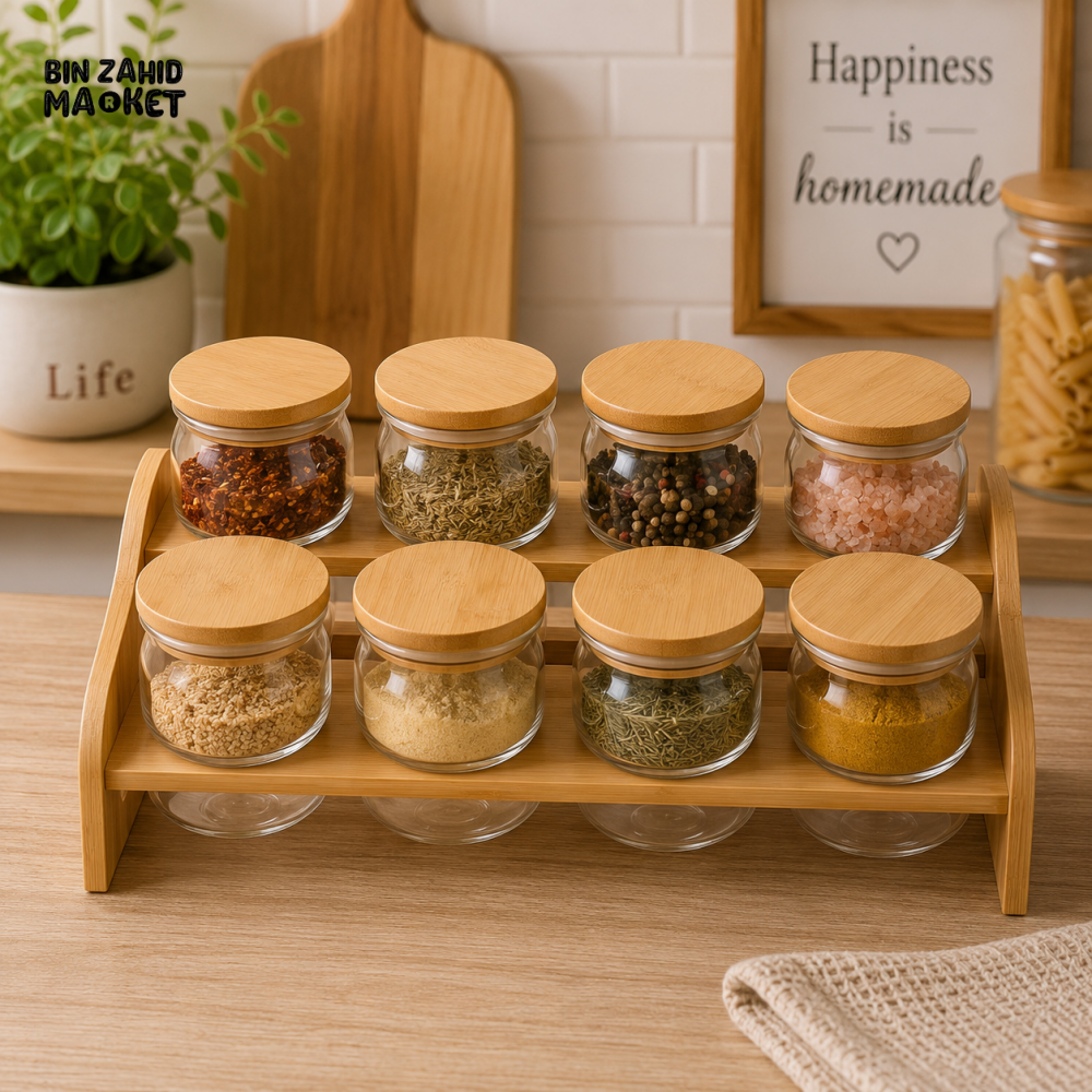 8-JAR GLASS SPICE STORAGE RACK WITH BAMBOO LIDS CLEARVIEW