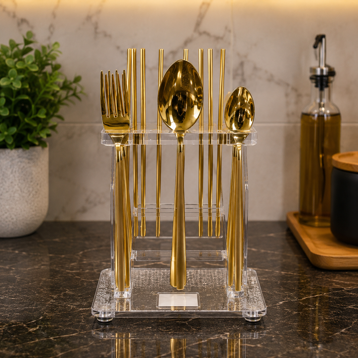 24 PCS GOLD STAINLESS STEEL CUTLERY SET WITH ACRYLIC STAND