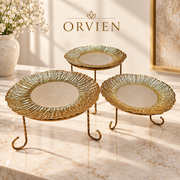 Set Of Three Decorative Plastic Platters With Metal Stands
