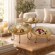 Set Of Three Decorative Plastic Platters With Metal Stands