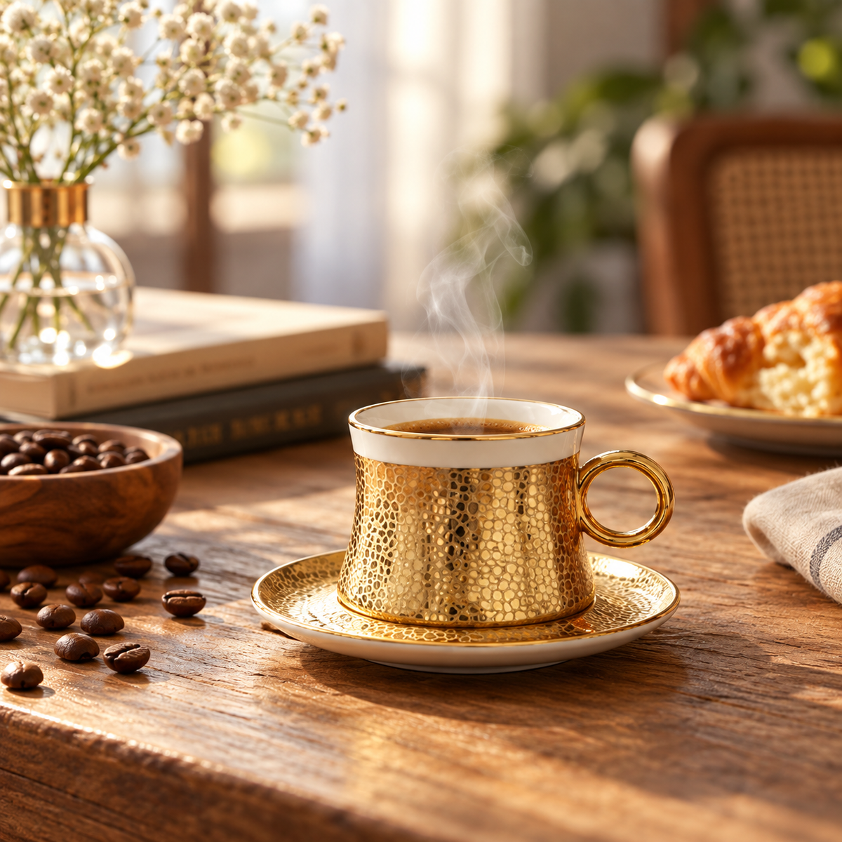 Hammered Gold Patterned Coffee Cup and Saucer Set