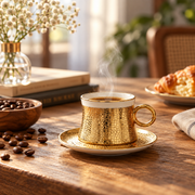 Hammered Gold Patterned Coffee Cup and Saucer Set