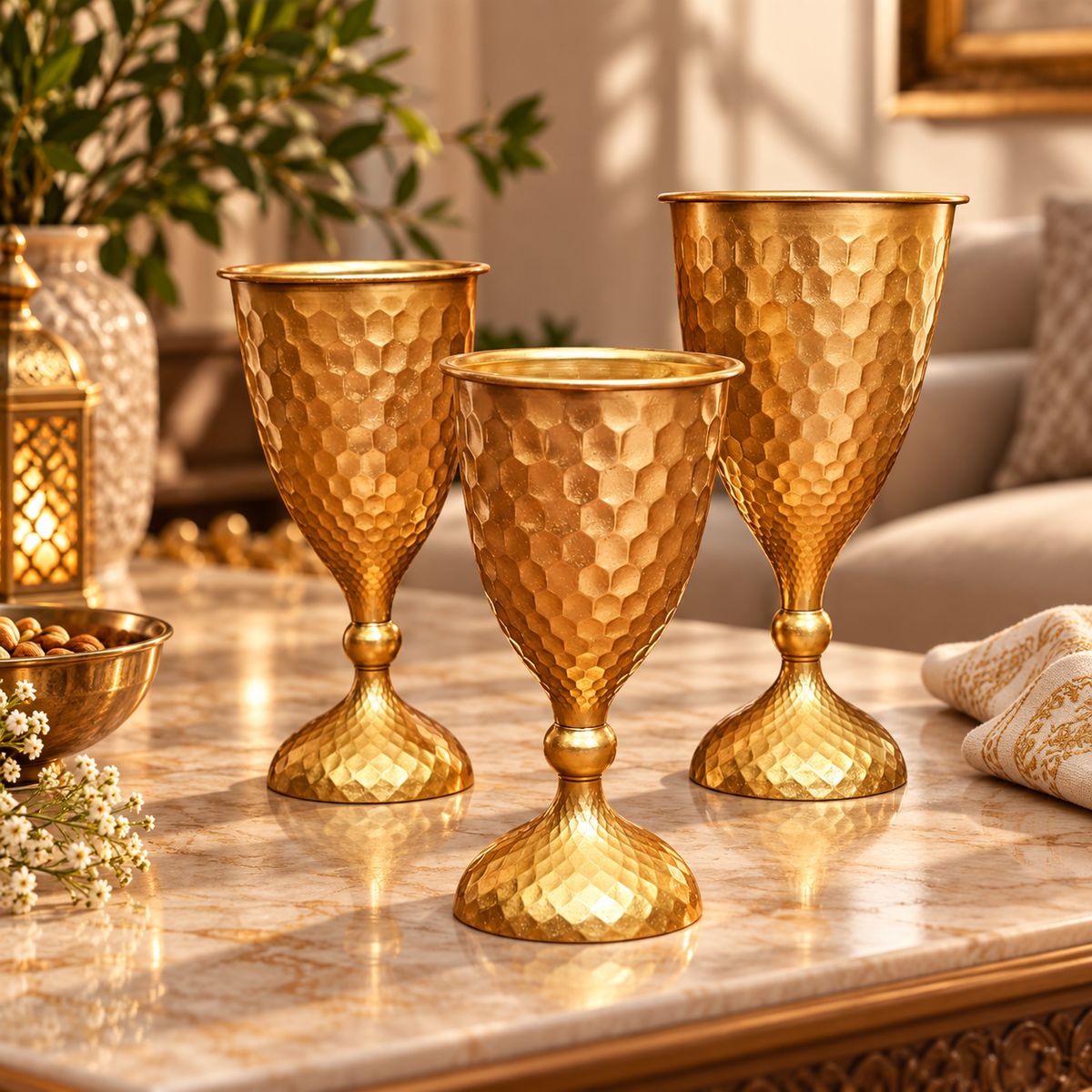 Set Of Three Hammered Metal Goblets