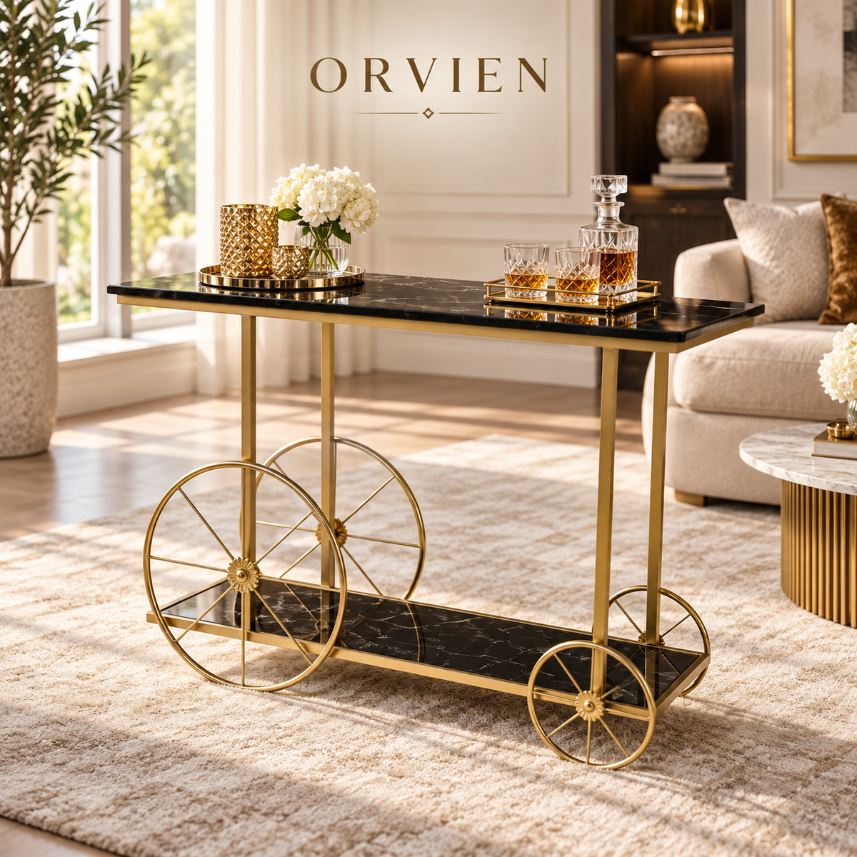 Wheel Console Cart With Marble Looking Top