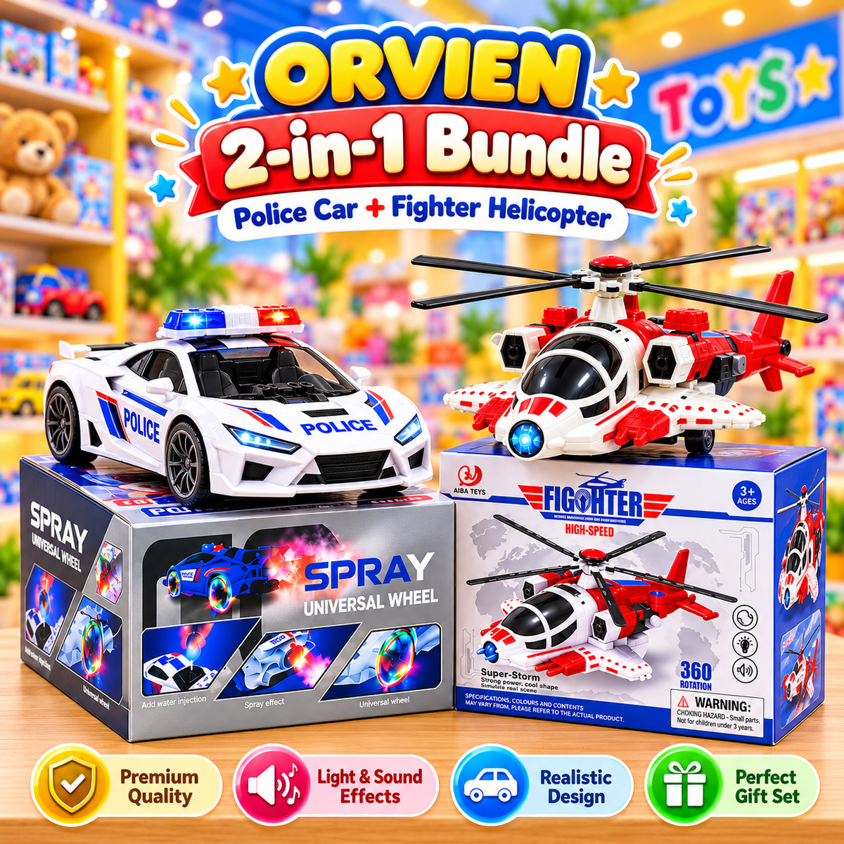 2-in-1 Police Car & Fighter Helicopter Toy Bundle for Kids