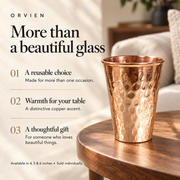 Hammered copper glass with text about reuse, table styling and gifting.