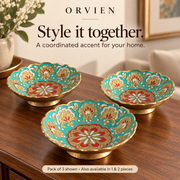 Three matching turquoise floral bowls arranged together; pack of 3 shown.