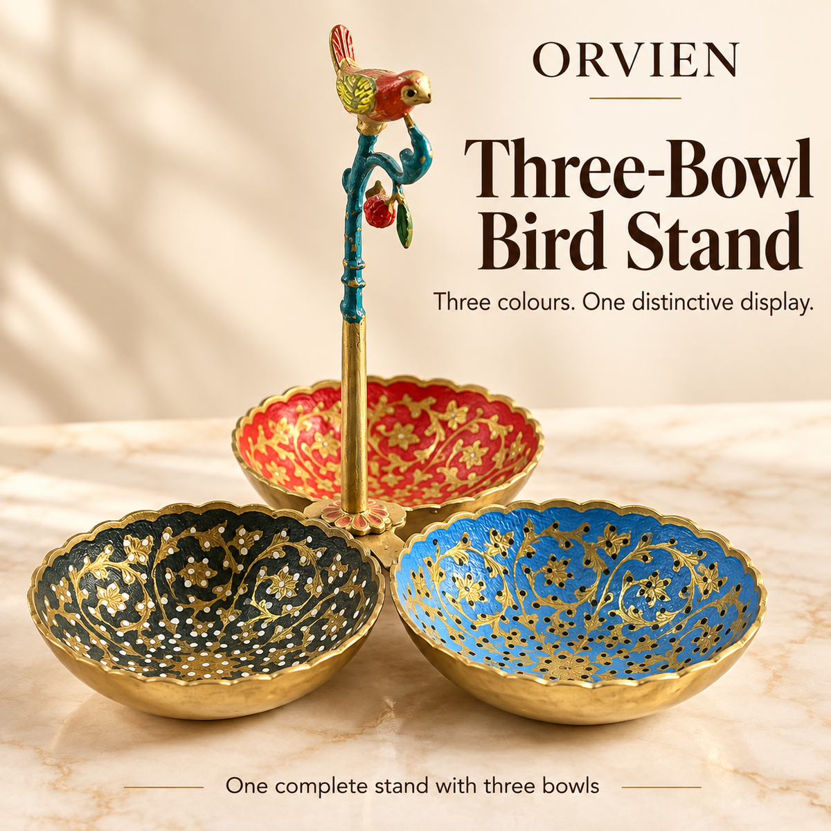 Complete decorative bird stand with three scalloped bowls in blue, dark green and red.