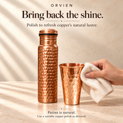 1000 ml copper bottle and hammered glass set — care. Representative glass shown; select glass height on the product page.