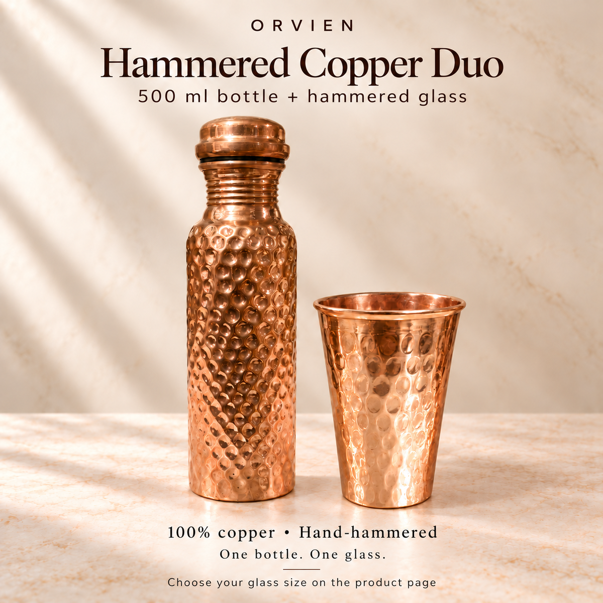500 ml bottle set: General bundle illustration showing one bottle and one hammered glass. Choose glass height on the product page.