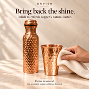 500 ml copper bottle and hammered glass set — care. Representative glass shown; select glass height on the product page.