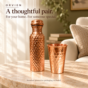 500 ml copper bottle and hammered glass set — lifestyle. Representative glass shown; select glass height on the product page.