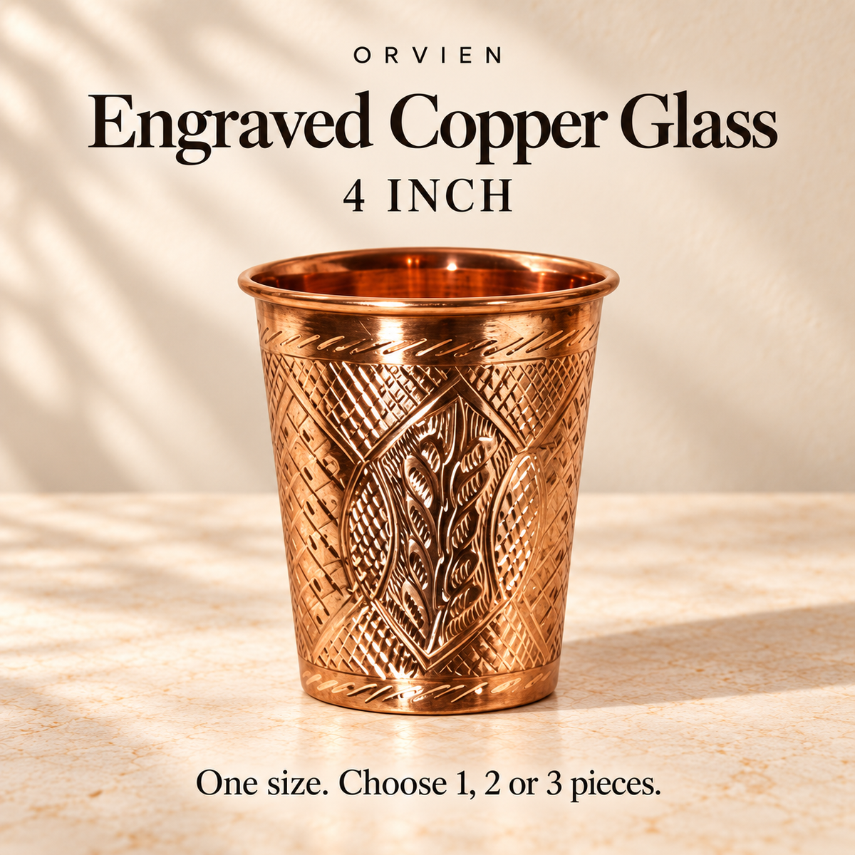 4-inch engraved copper glass; this listing contains the selected quantity of this size only.
