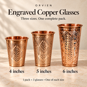 One mixed pack of engraved copper glasses, one each in 4, 5 and 6 inches.